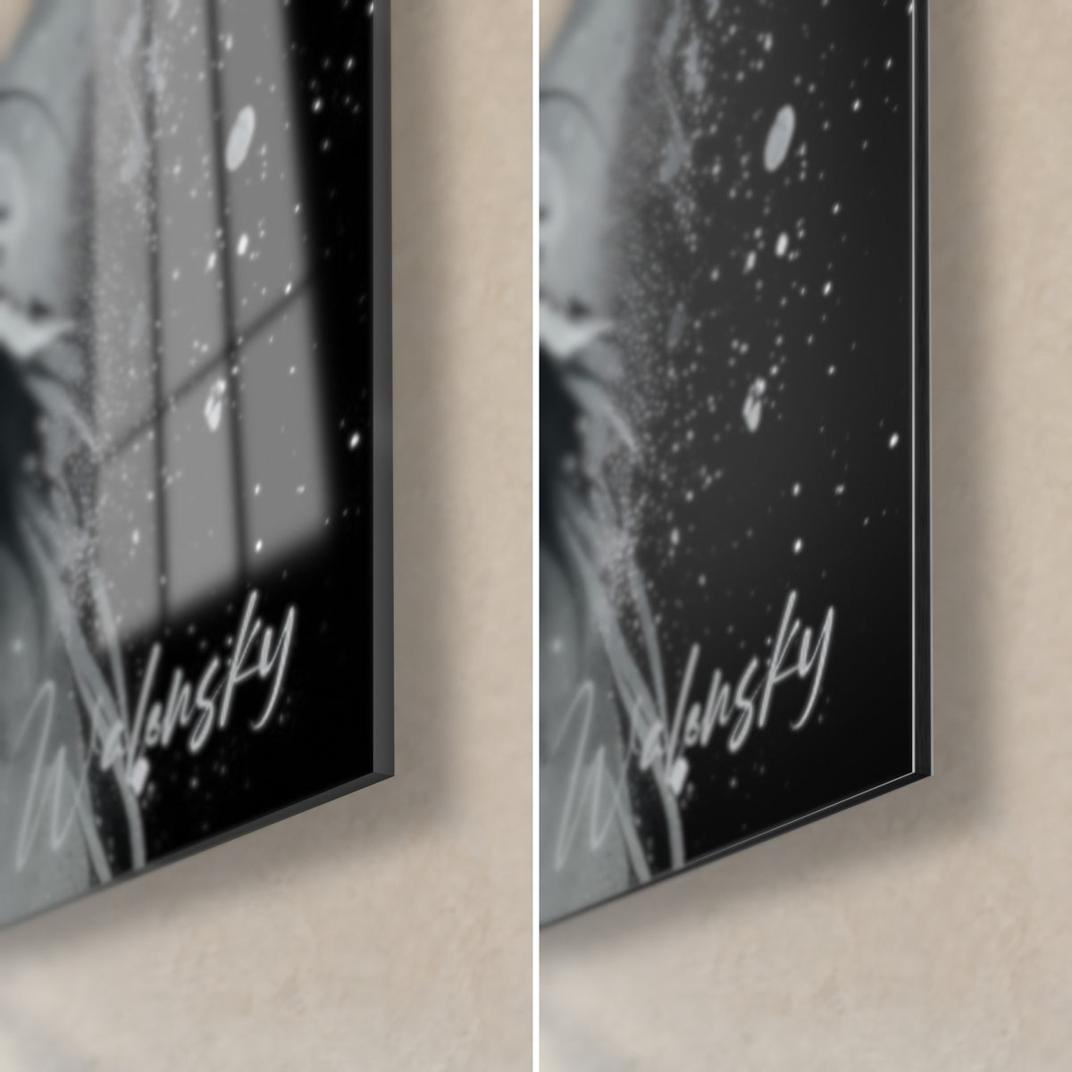 Wall art small desert fox, lower right corner: glossy acrylic glass reflecting the window, matte black Dibond and thin 3 mm edge