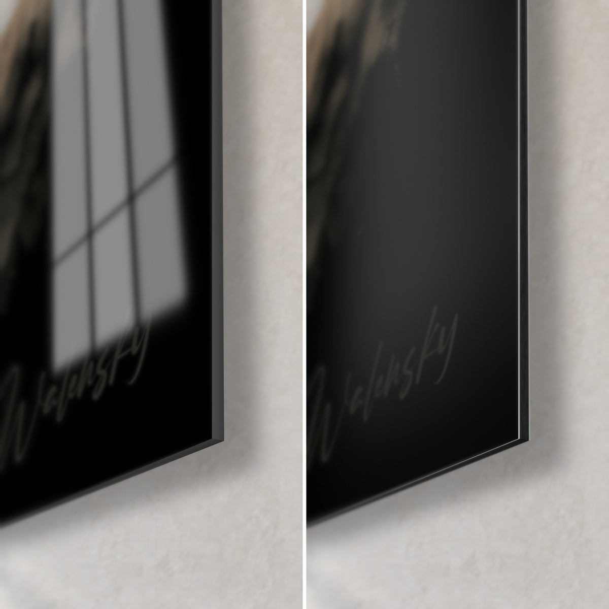 Cuadro fennec beige y blanco, esquina inferior derecha: cristal acrílico brillante con reflejos, aluminio Dibond mate negro, grosor de 3 mm