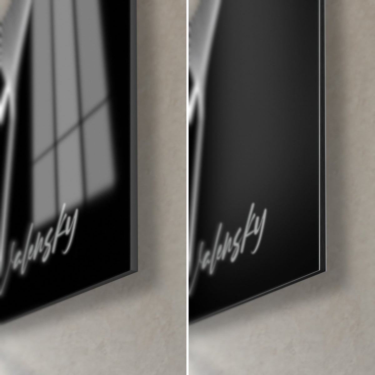Wall art desert canid in black and white curves, bottom right corner, glossy acrylic glass and matte Dibond, 3 mm edge