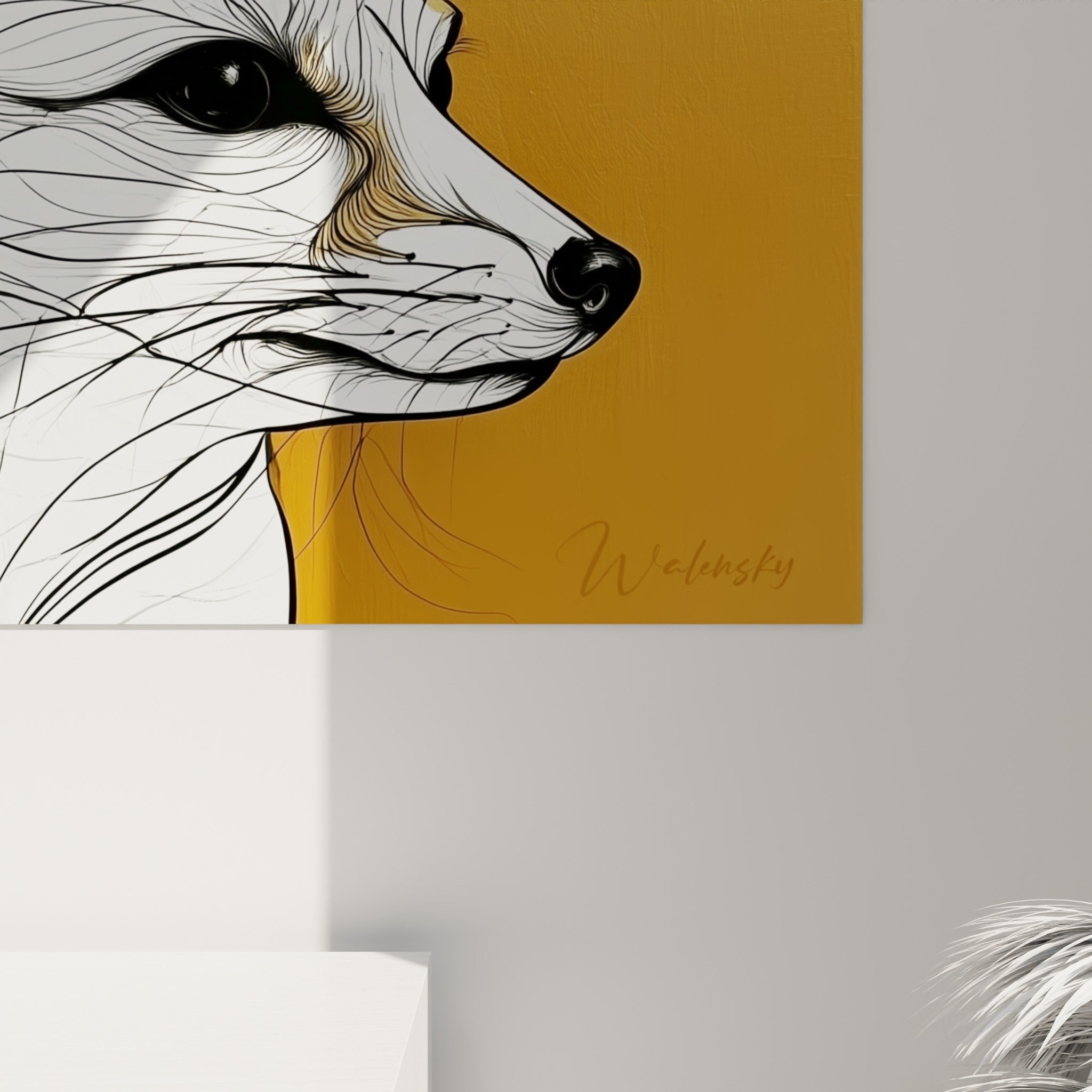 Traits fins du museau noir et texture dorée brossée visibles de près sur cette œuvre du fennec