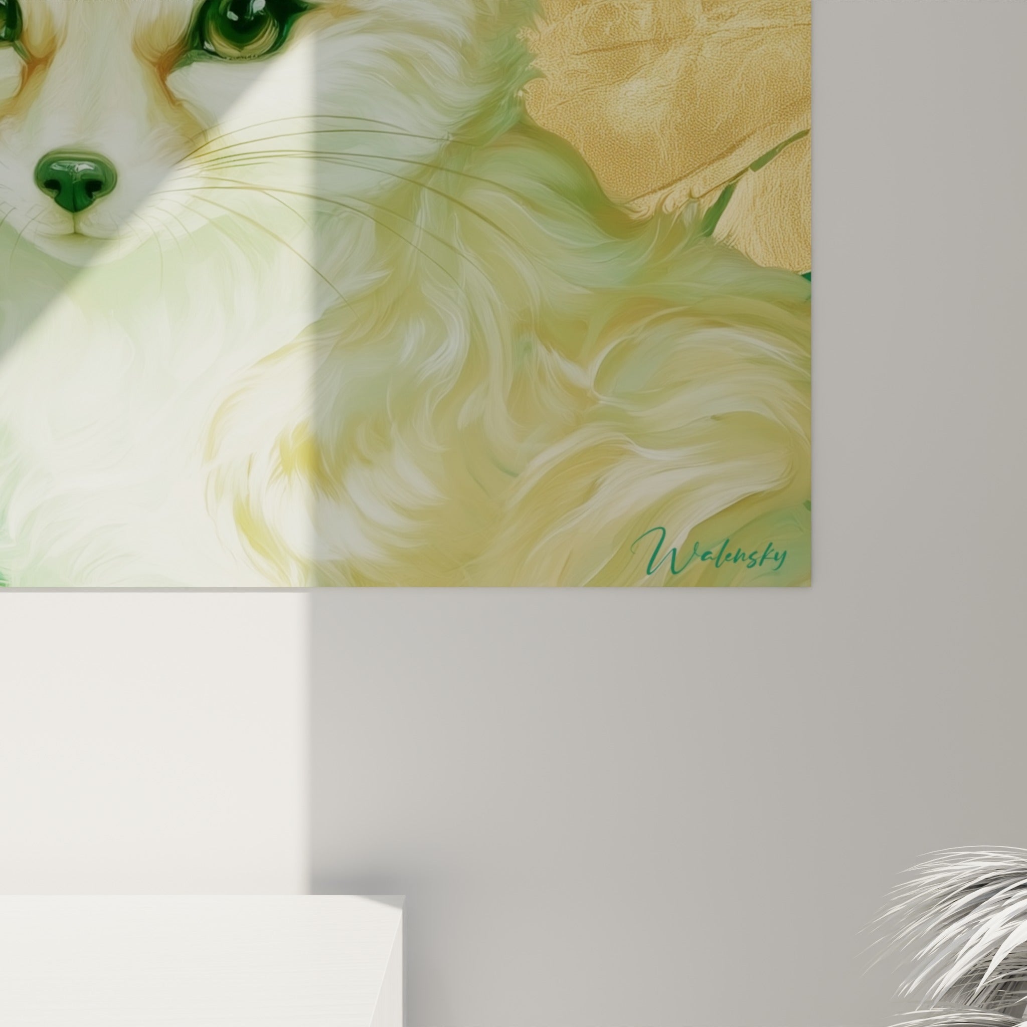 Détail du pelage crème et des reflets dorés du fennec révélant la texture picturale de l'œuvre