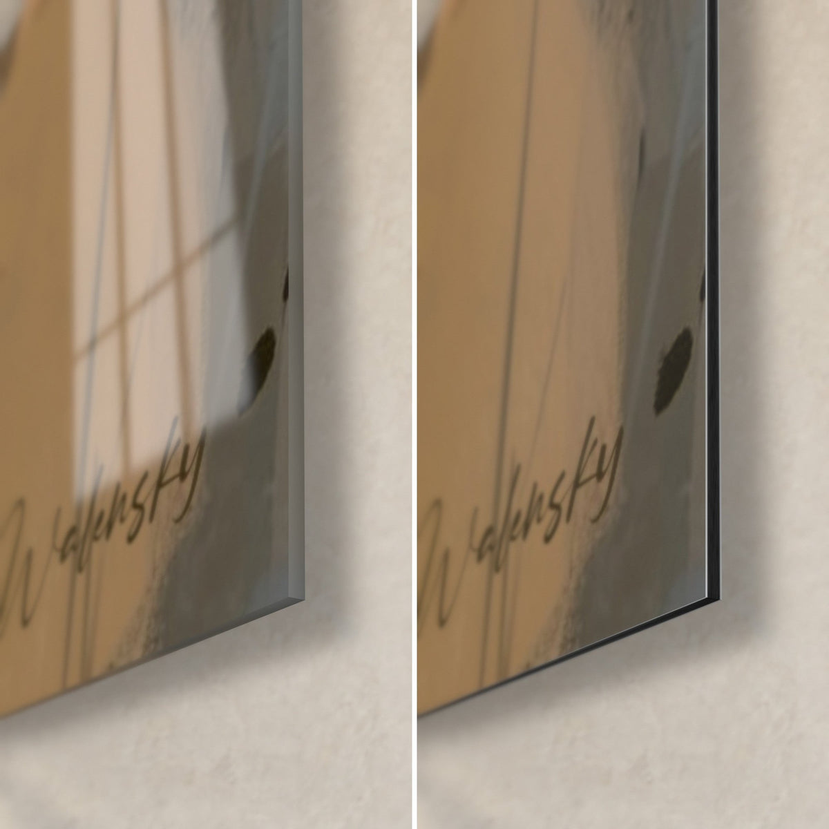 Cuadro pequeño zorro del desierto en pintura, esquina inferior derecha, firma Walensky, cristal gris brillante frente a Dibond mate
