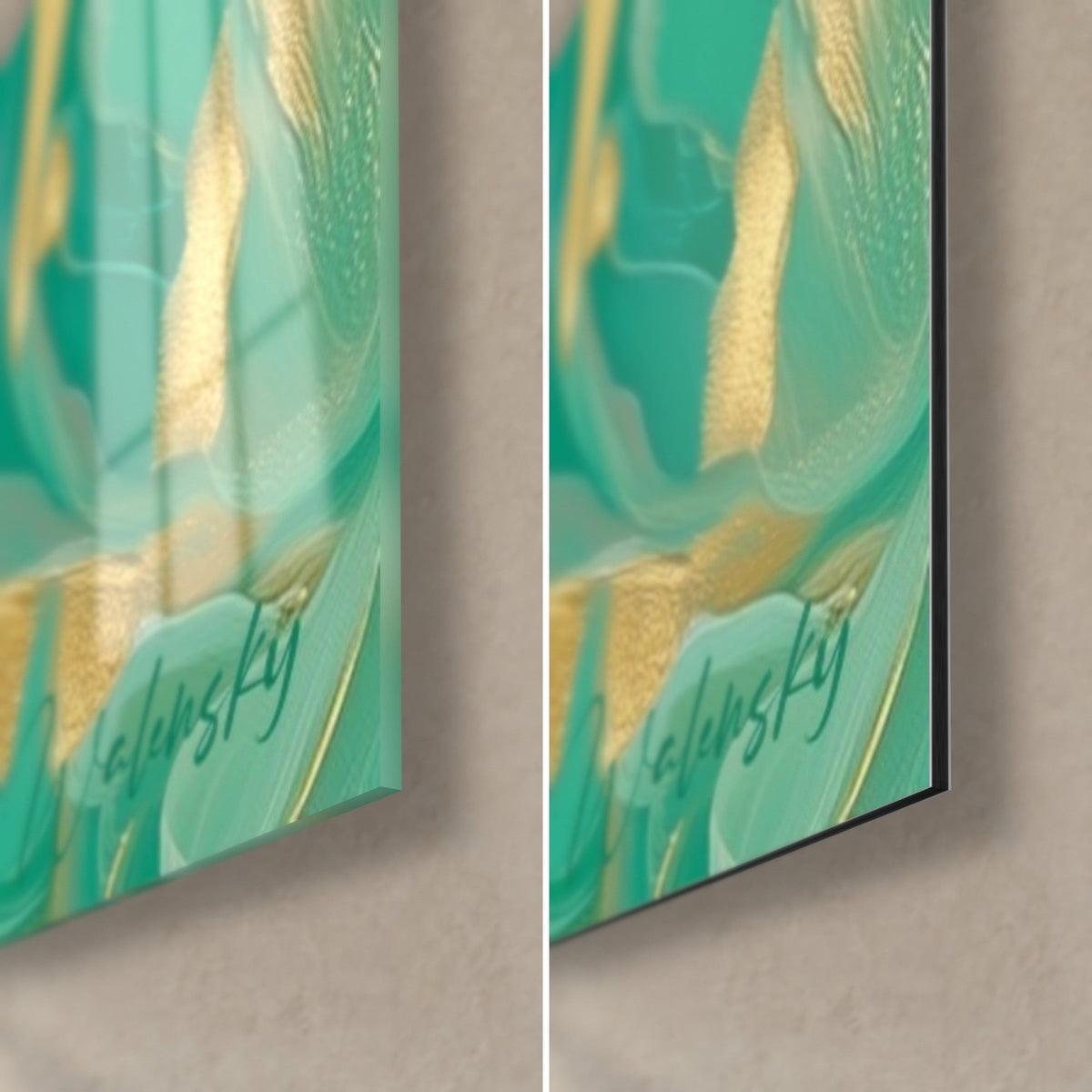 Gemälde Fennek in Minze und Gold, untere rechte Ecke: glänzendes Acrylglas links, mattes Dibond-Aludibond rechts, schwarze Kante von 3 mm