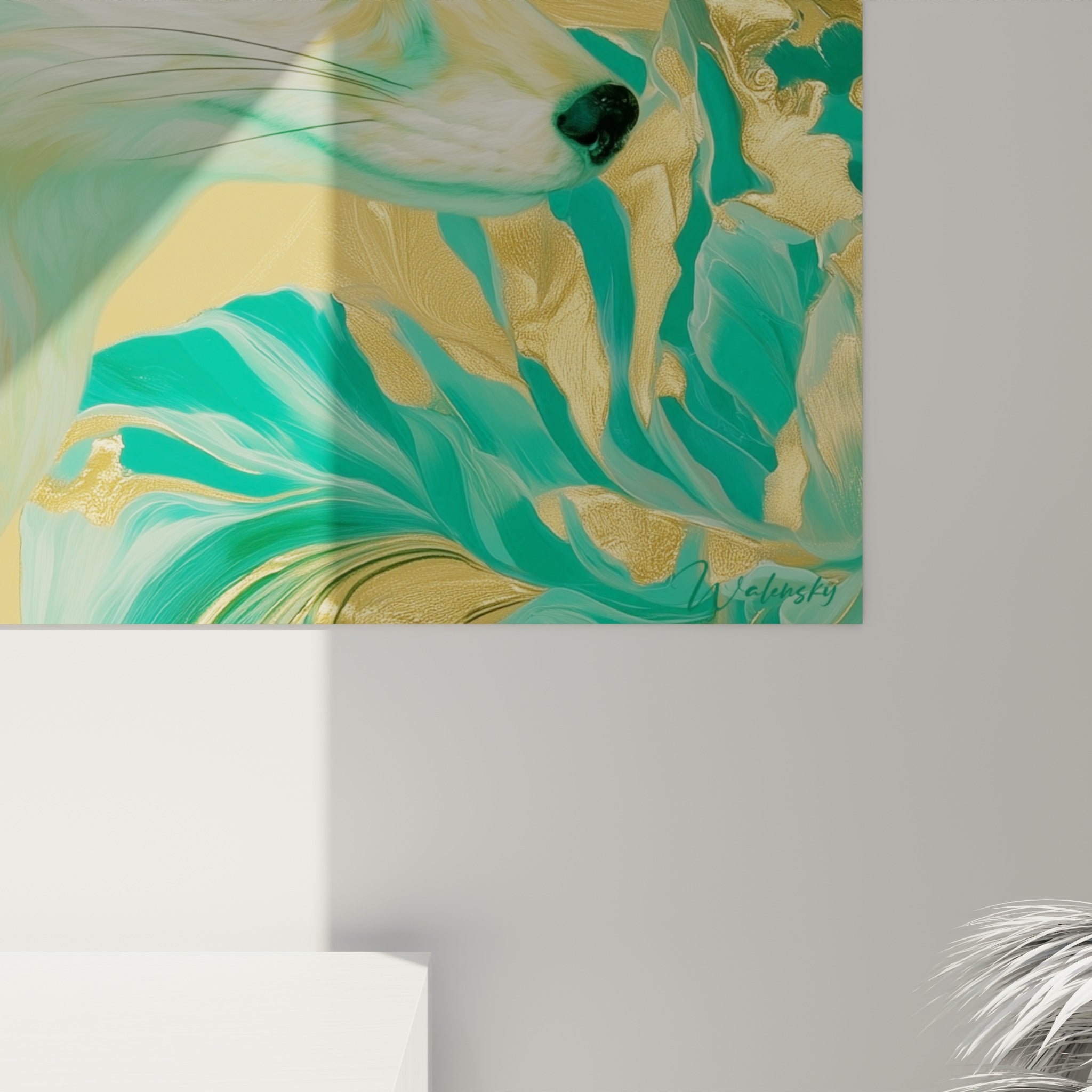 Grain pictural des oreilles du fennec, coulures dorées et turquoise se mêlant sur la toile