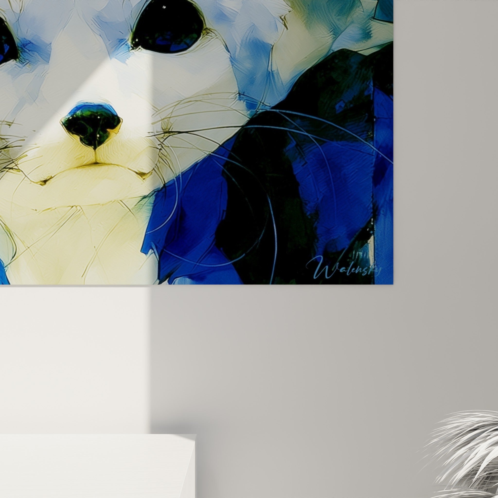 Détail des empâtements bleu marine et blanc cassé sur le pelage texturé du fennec peint