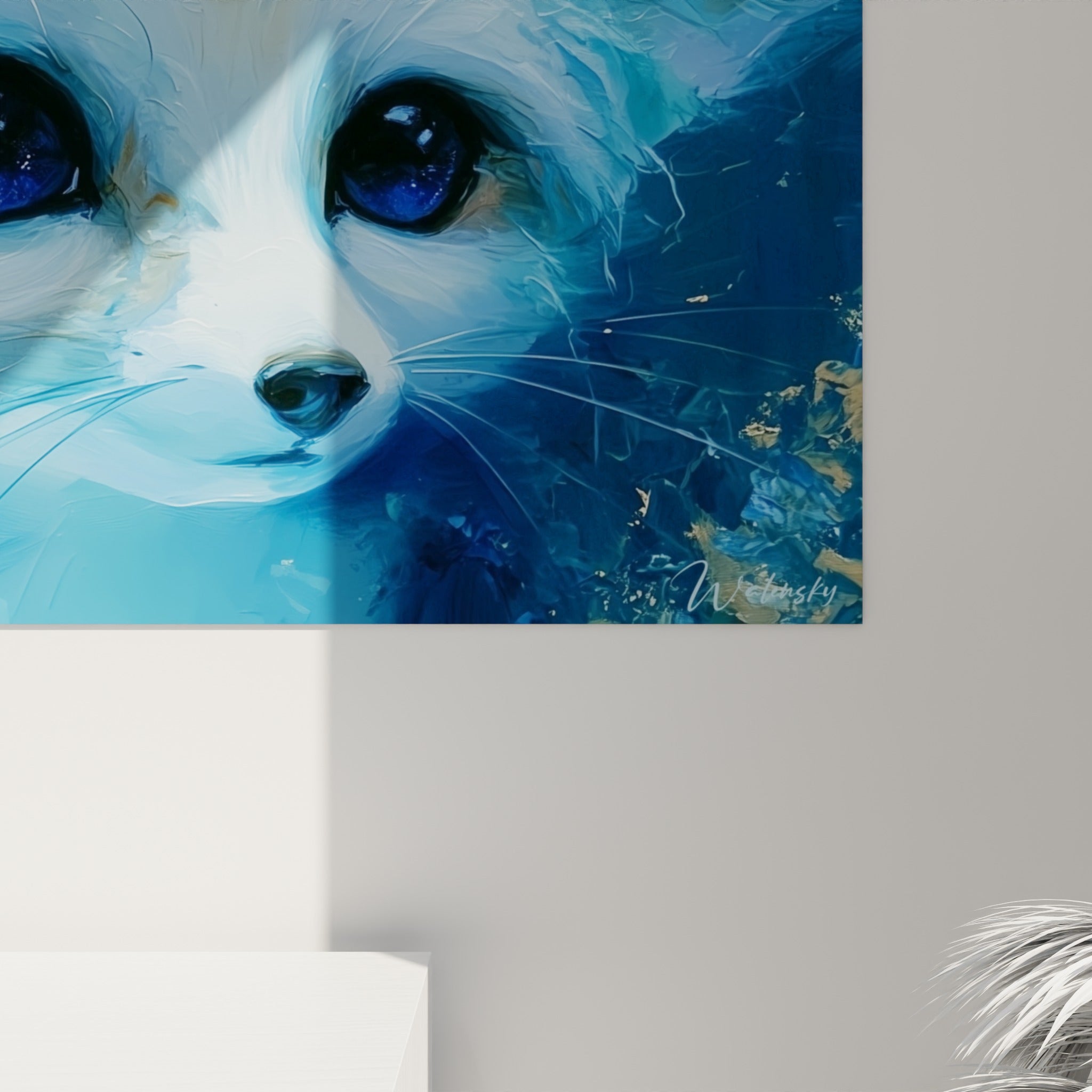 Empâtements bleu marine et dorés visibles sur le pelage du fennec, matière épaisse et grain de peinture