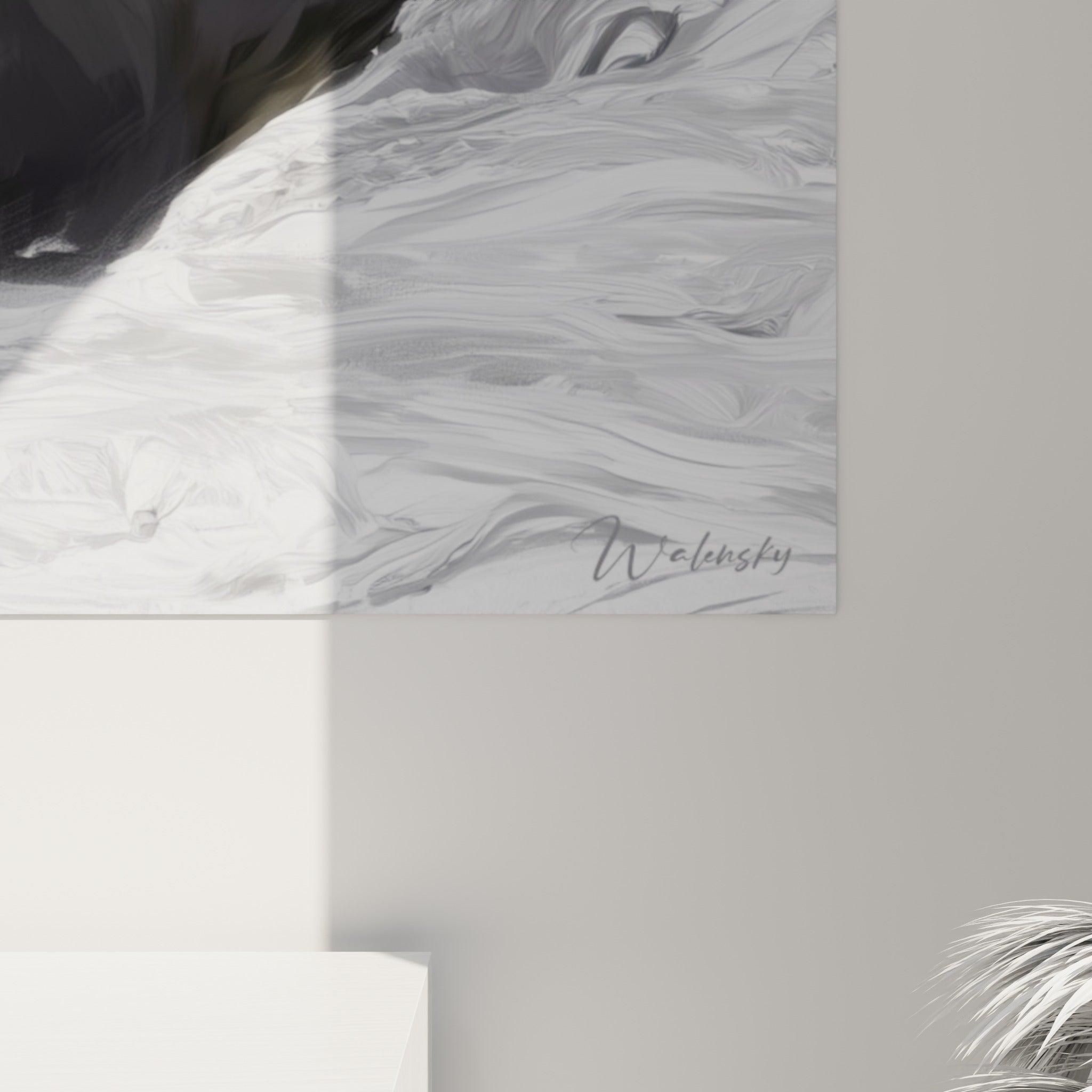 Empâtements gris et blancs du pelage du fennec, coulures visibles sur la toile accrochée