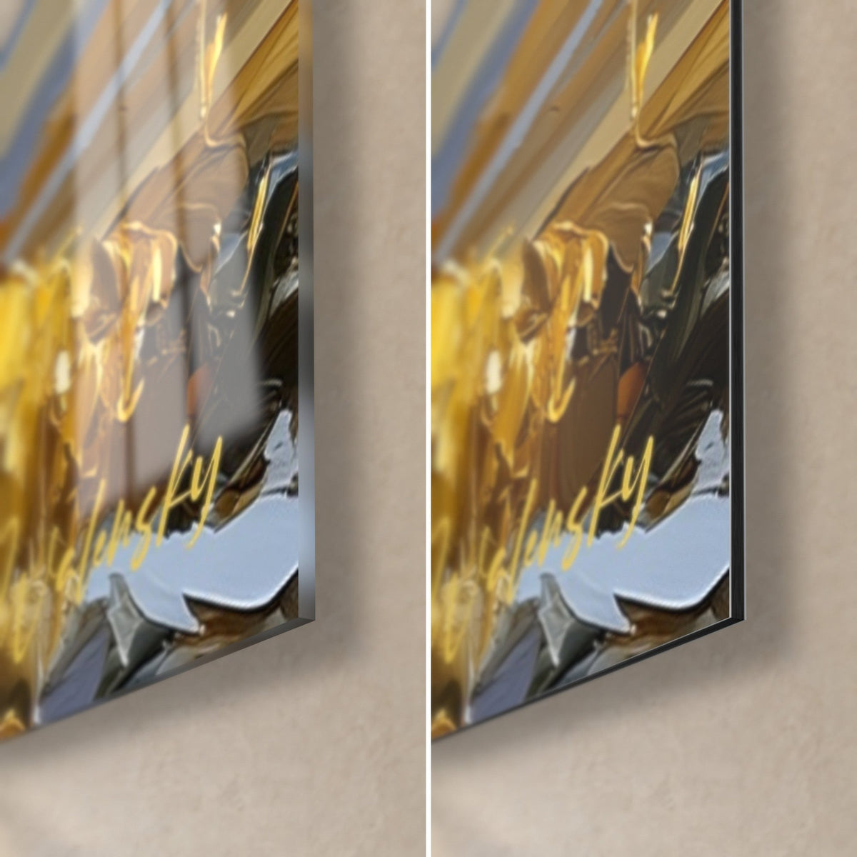 Wall art small sand fox in thick ivory and gold impasto, bottom right corner in glossy glass and matte Dibond aluminium, 3 mm thick