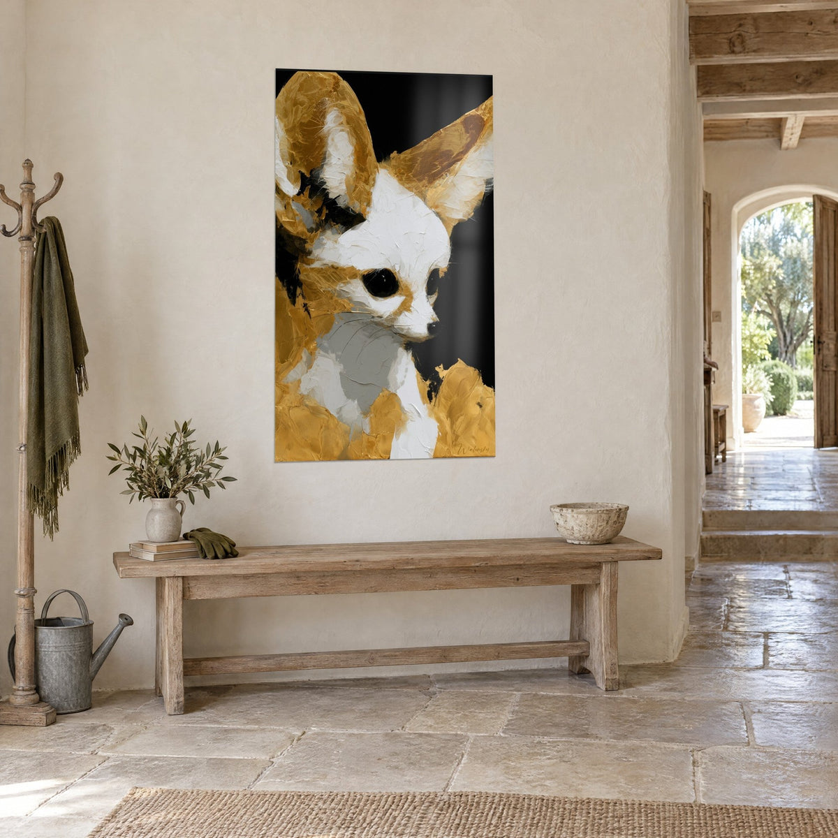 Wall art of a fennec fox with ivory fur and gold leaves, black gaze, hung near a stone and wood bench, hallway opening onto the courtyard