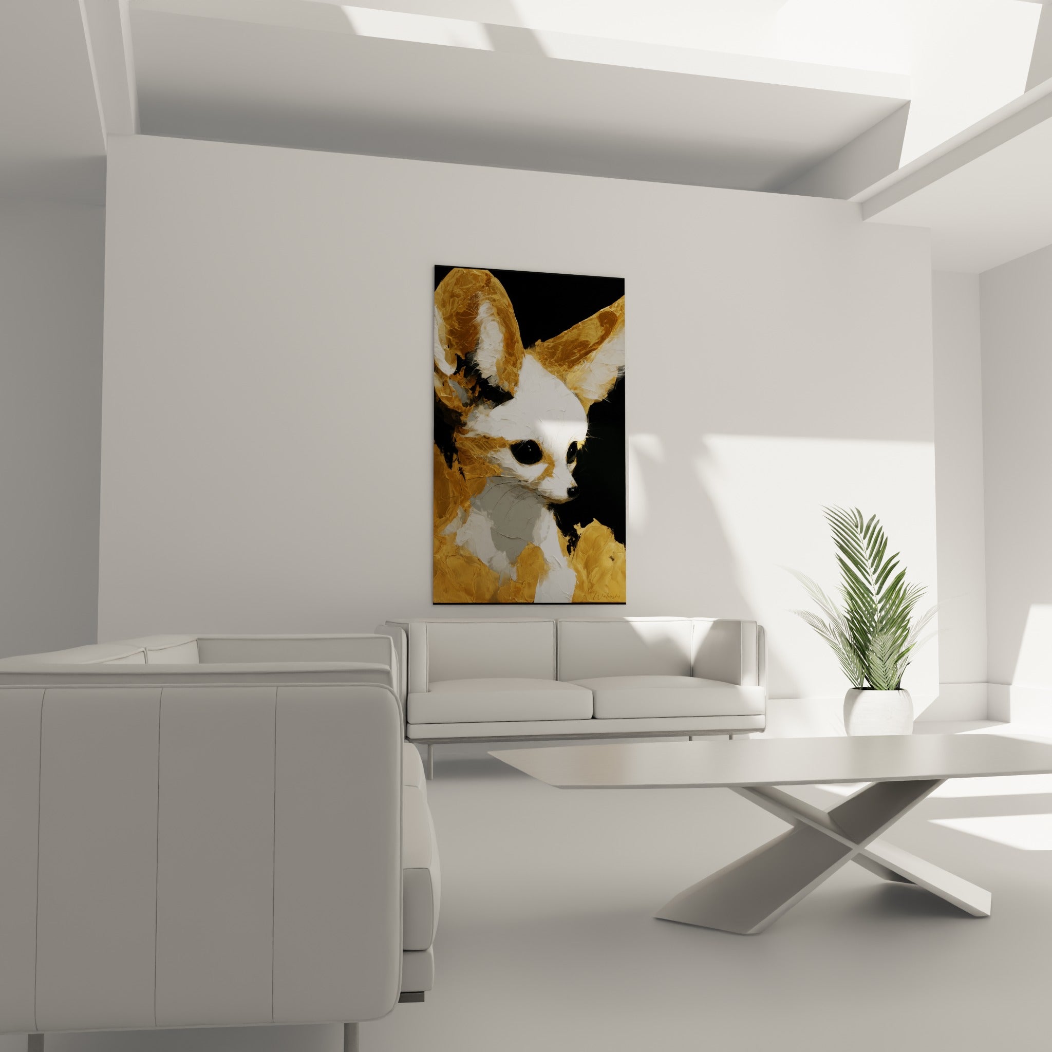 Fennec aux empâtements dorés et museau blanc, au-dessus d'un canapé dans un salon lumineux