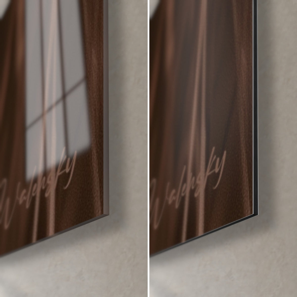 Wall art small desert fox, bottom right corner, glossy acrylic glass with reflections and matte brown Dibond, 3 mm black edge