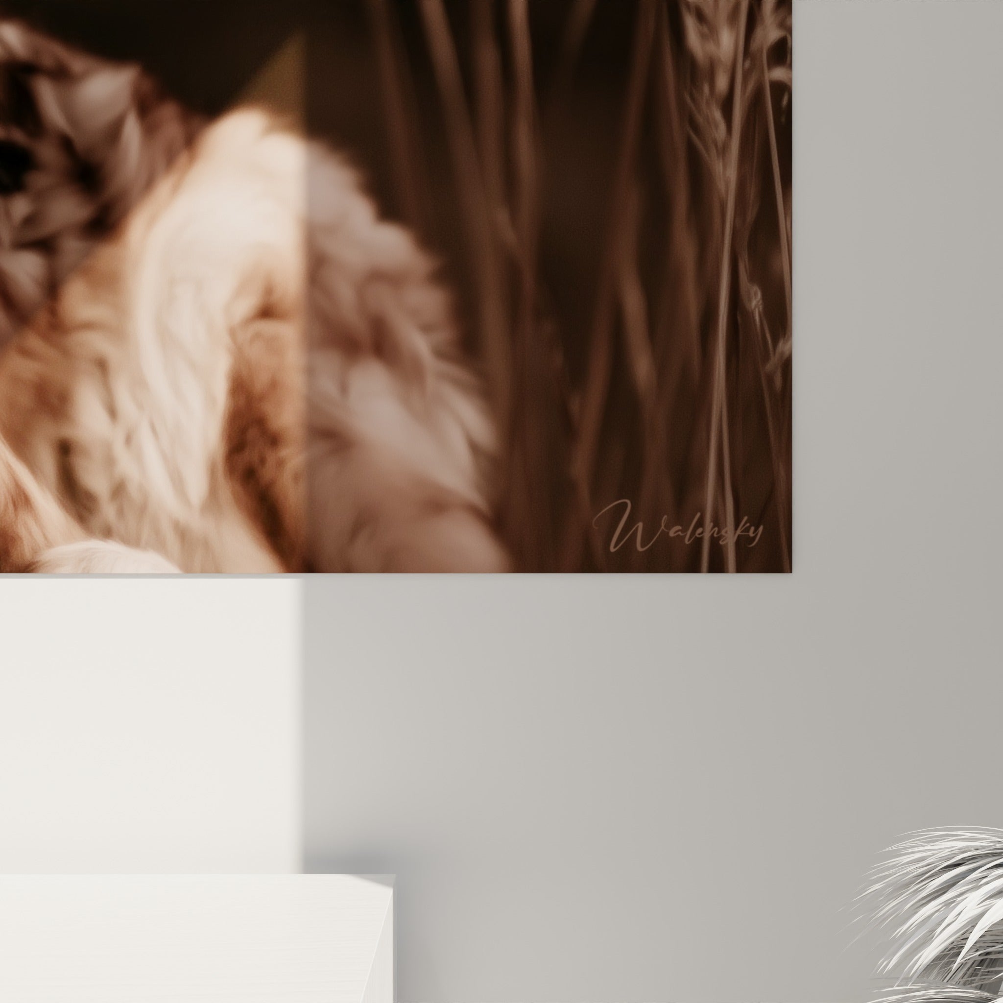 Détail de la fourrure du fennec, textures sépia et brune, empâtements visibles sur la toile accrochée