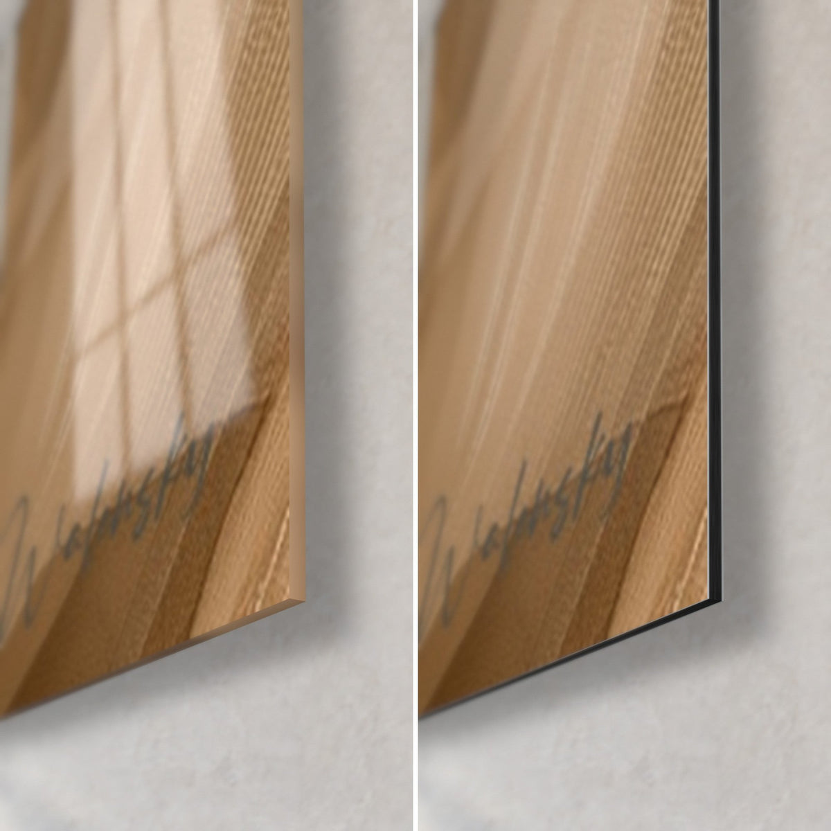 Gemälde Wüstenfuchs, untere rechte Ecke: glänzendes Acrylglas links, mattschwarzes Dibond-Alu rechts, 3 mm Kante