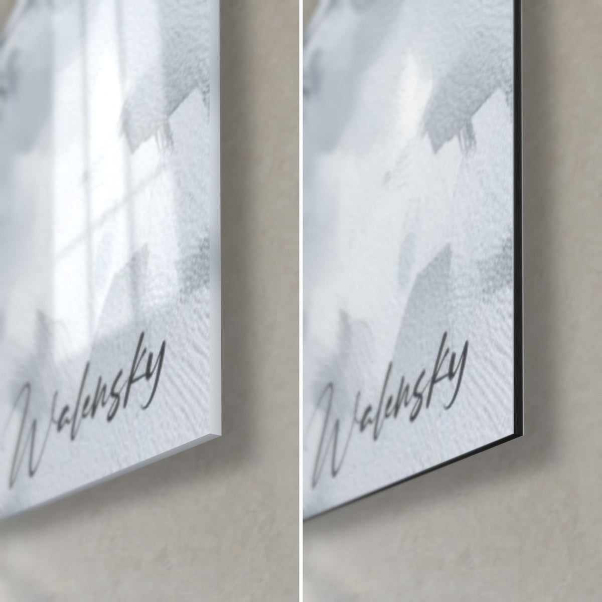 Wall art small grey and white desert fox, bottom right corner, Walensky signature, glossy acrylic glass and matte Dibond, 3 mm edge