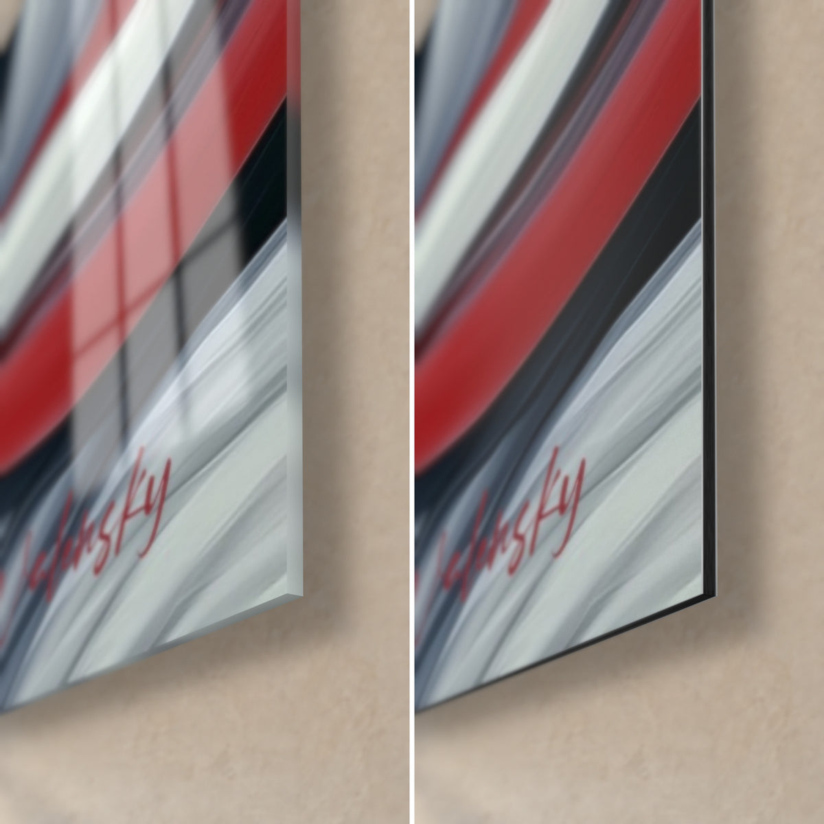 Wall art fennec fox with red and white streaks, bottom right corner: glossy glass on the left, matte black Dibond on the right, 3 mm edge