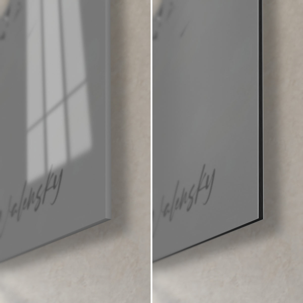 Cuadro fennec monocromo, esquina inferior derecha: vidrio acrílico brillante con reflejos a la izquierda, Dibond mate en blanco y negro a la derecha, canto de 3 mm