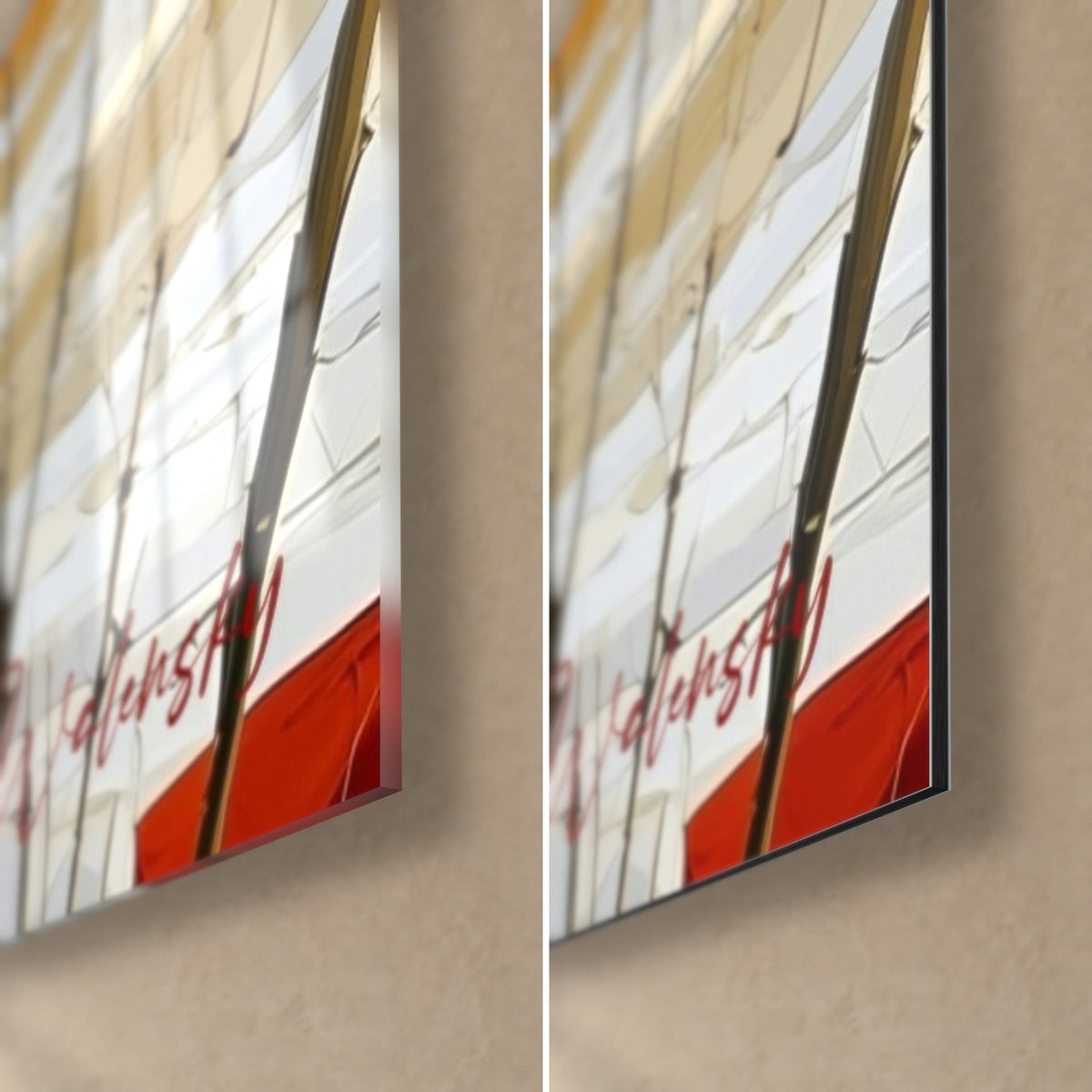 Wall art small desert fox, bottom right corner: red signature on white sail, glossy glass on the left, matte Dibond on the right