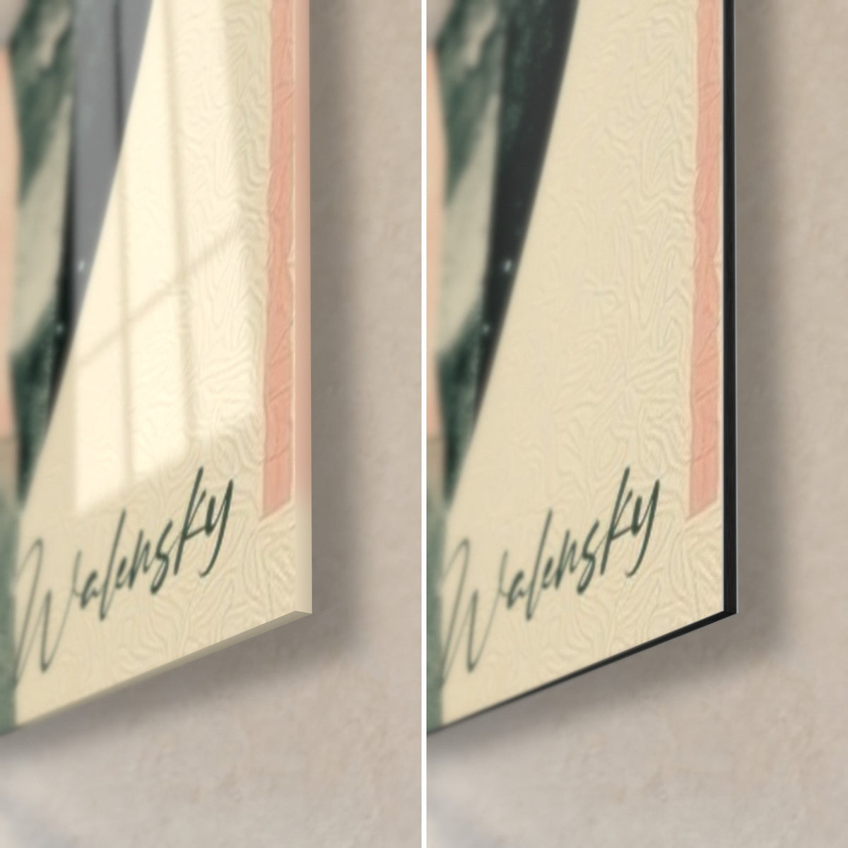 Gemälde Wüstenfuchs in Rosa und Schwarz, untere rechte Ecke: glänzendes Acrylglas links, mattes Dibond rechts, 3 mm Kante