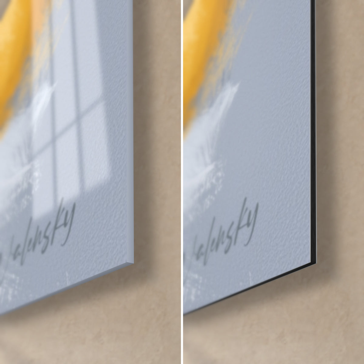 Wall art of a small sleeping fennec fox, bottom right corner: glossy acrylic glass on the left, matte Dibond aluminum on the right, 3 mm black edge