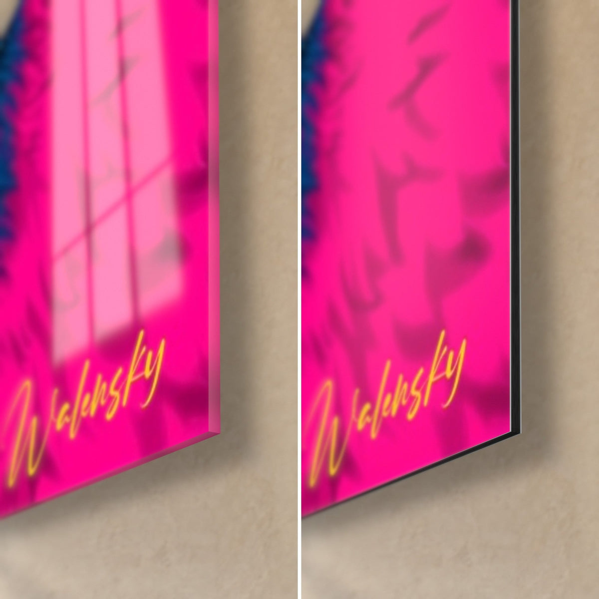 Wall art fennec fox in fuchsia pink, bottom right corner: glossy acrylic glass on the left and matte Dibond aluminum on the right, 3 mm edge