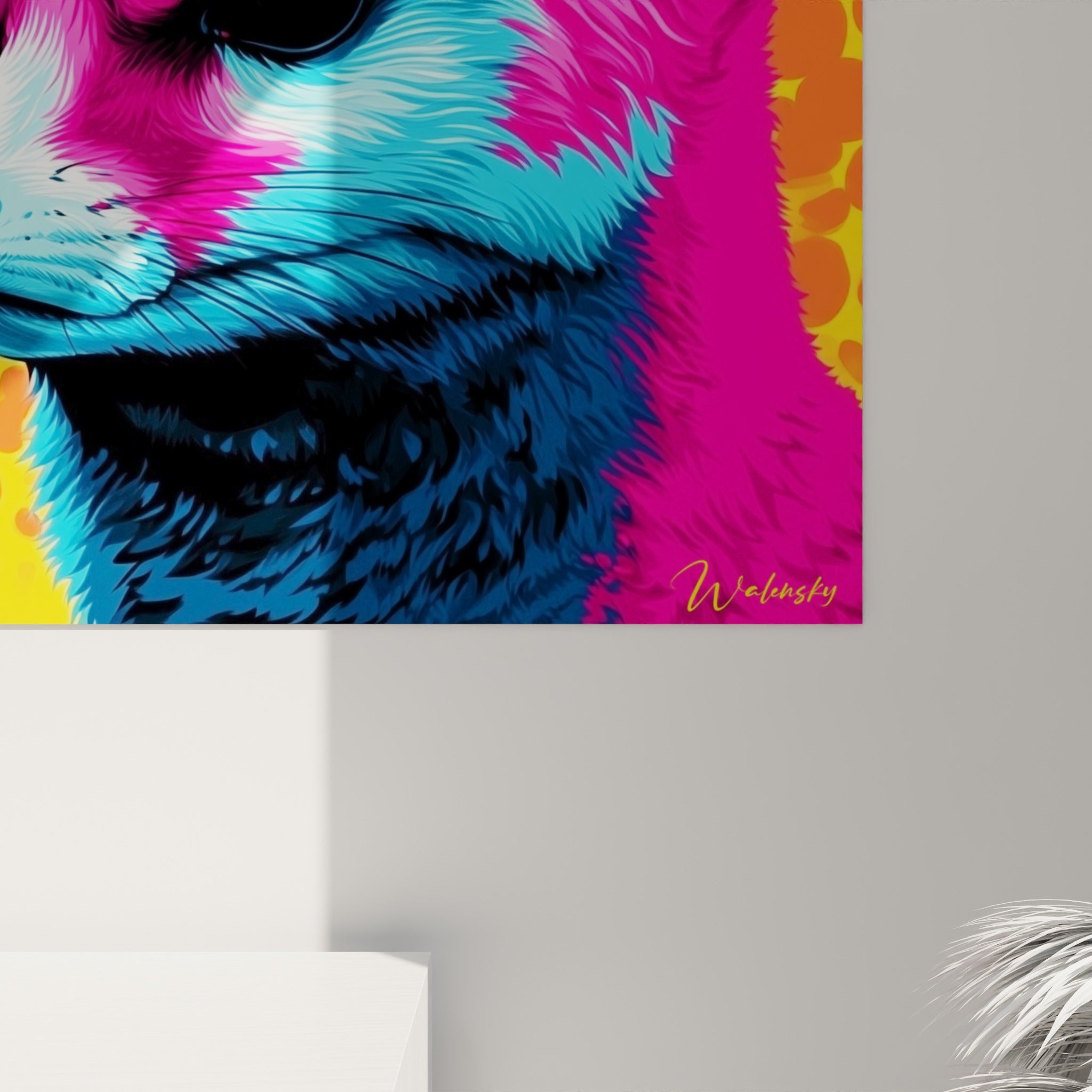 Empâtements colorés du pelage bleu ciel et rose vif du fennec vus de près sur la toile