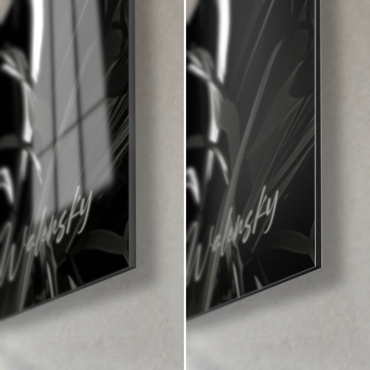 Wall art desert fox muzzle in black and white ink, bottom right corner: glossy glass with reflections, matt grey Dibond, 3 mm thickness
