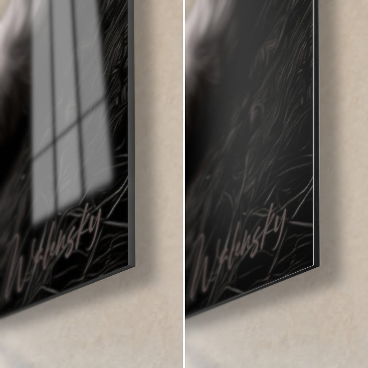 Gemälde kleiner Wüstenfuchs, untere rechte Ecke: links glänzendes Acrylglas mit Fensterreflexen, rechts mattschwarzes Dibond, 3 mm Kante