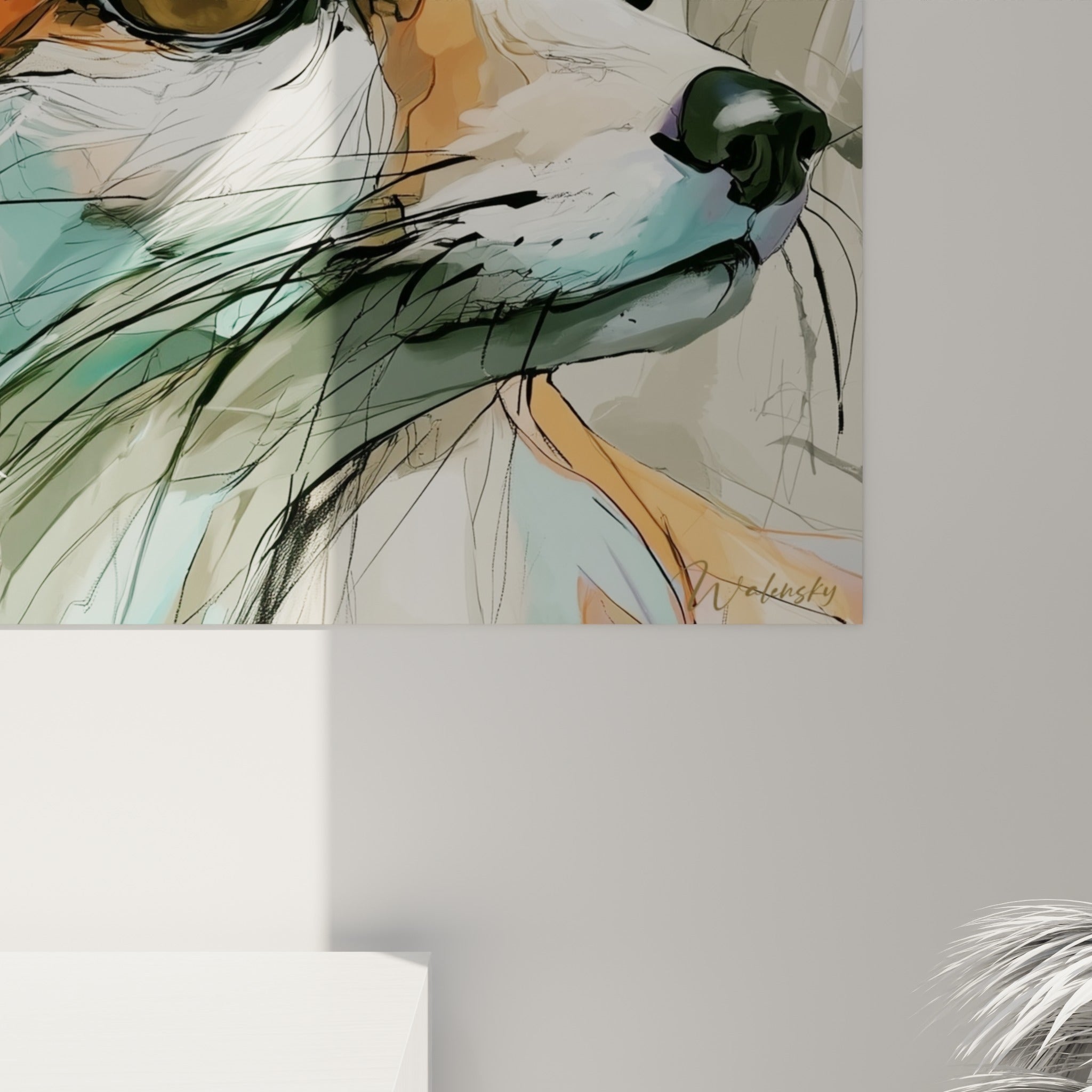 Détail du pelage esquissé du fennec, traits noirs fins et empâtements orange et turquoise sur toile