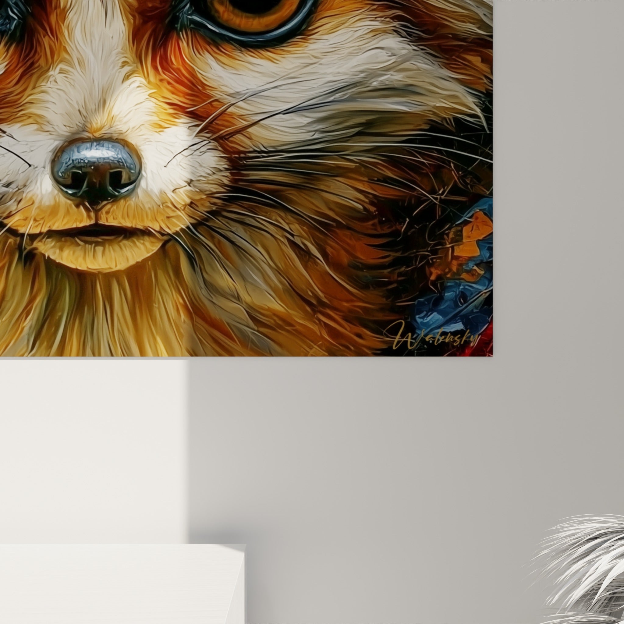 Détail des mèches fauve et blanches du pelage du fennec, empâtements visibles et truffe noire brillante