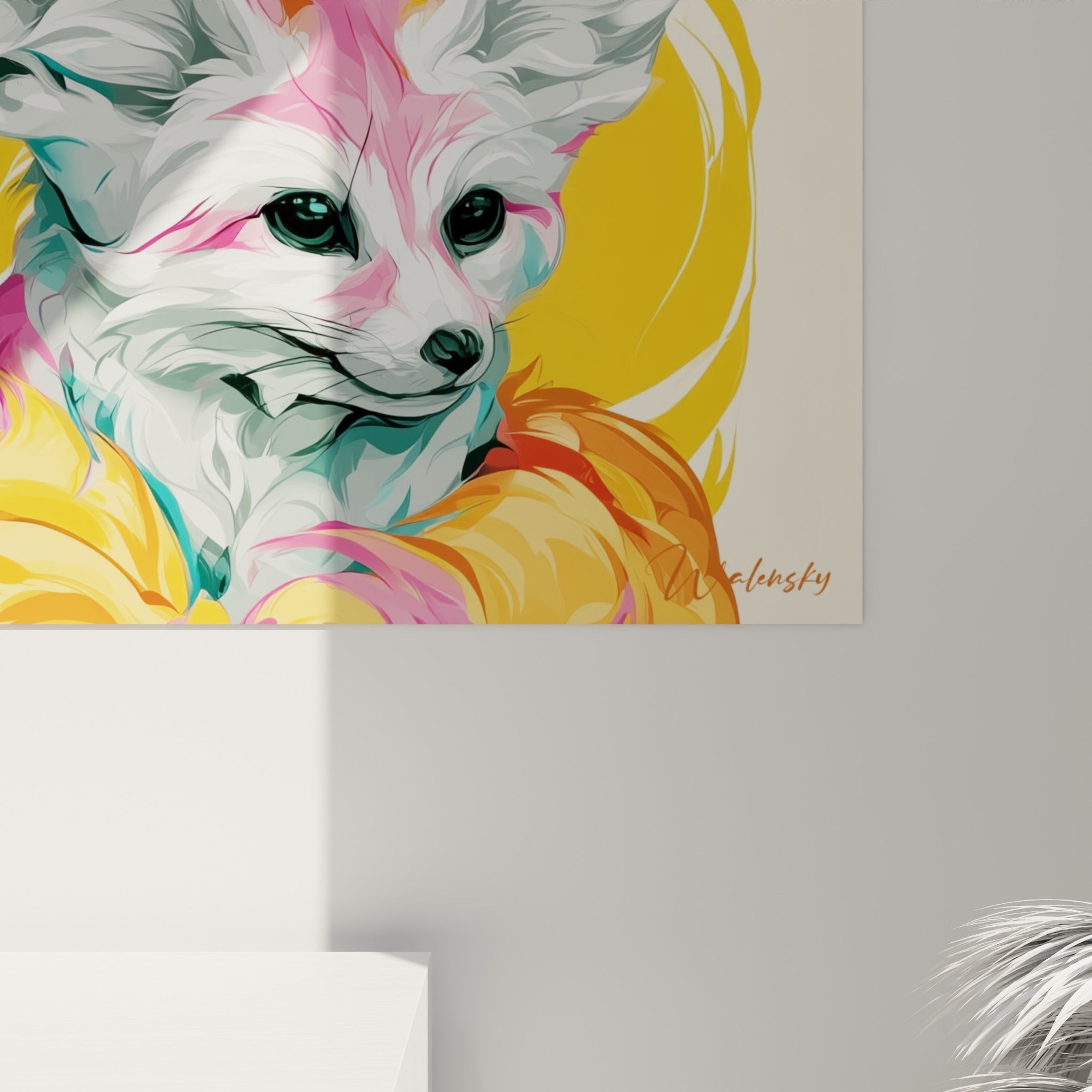 Détail des coups de pinceau orange et fuchsia sur le pelage texturé des trois fennecs