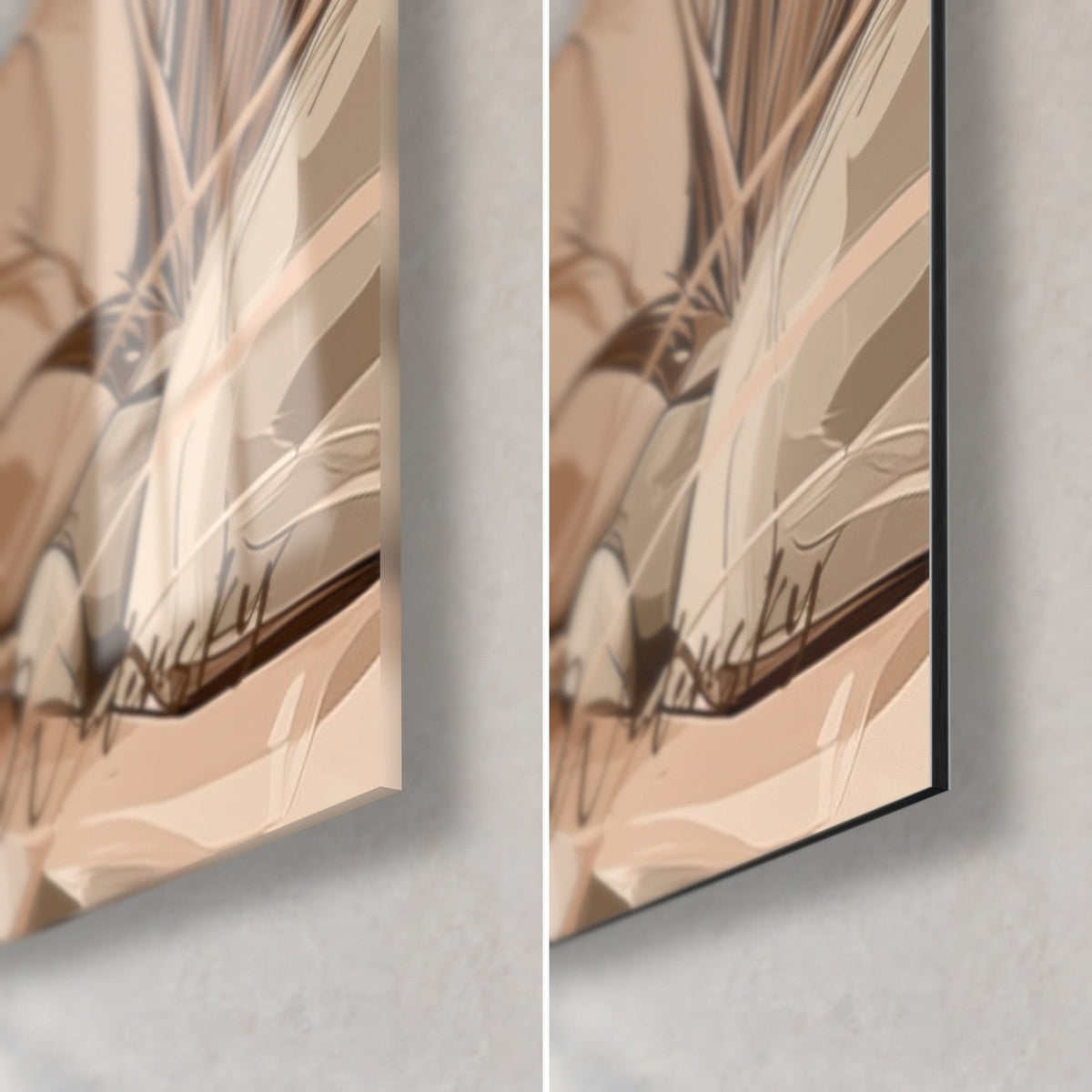 Wall art fennec fox with large ears, bottom right corner: glossy acrylic glass with reflections, matte black Dibond aluminium, 3 mm edge