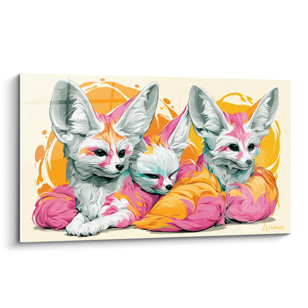 Tableau Trio de fennecs aux teintes rose et orange - Tendresse en fratrie - Edition Fennec