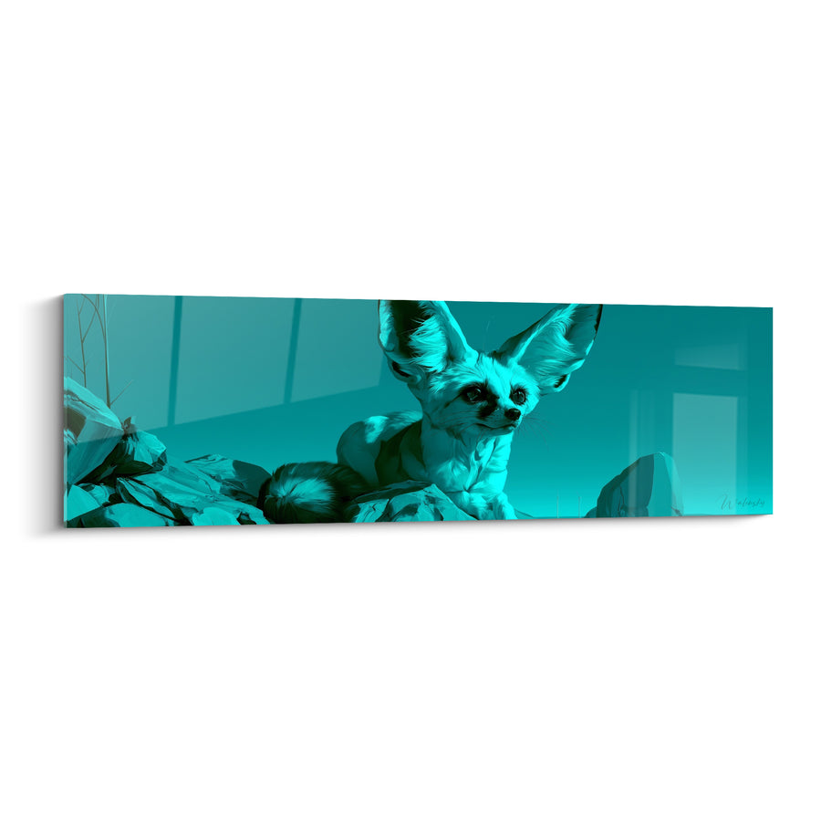 Tableau Fennec turquoise et noir allongé sur rochers - Monochromie glacée - Edition Fennec