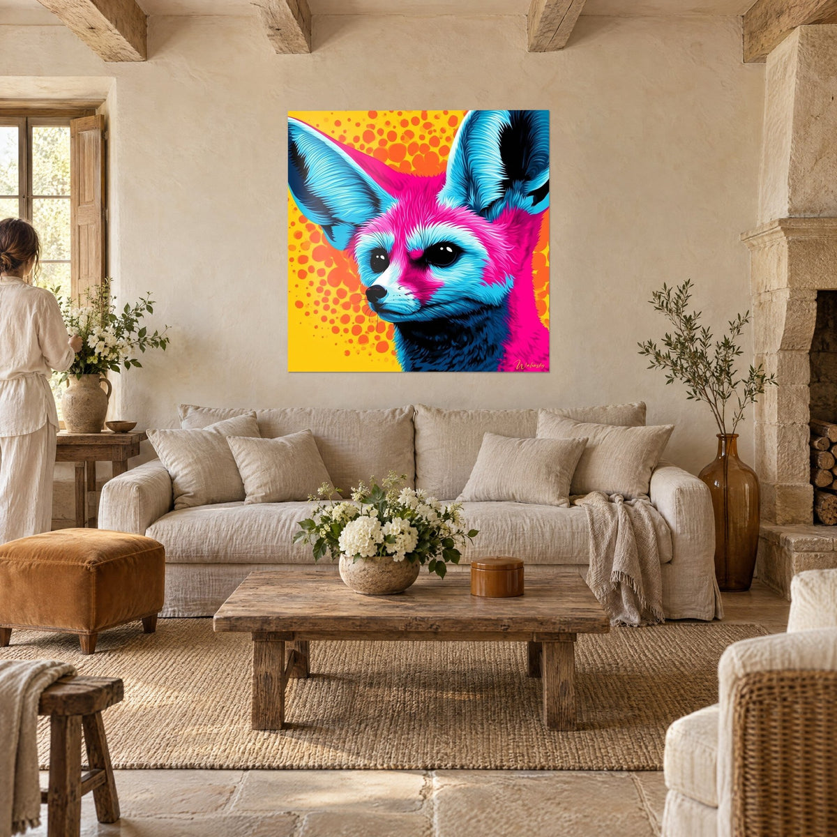 Wall art pop art fennec fox with sky-blue ears on mustard-yellow background with orange dots, above a sofa in a bright living room