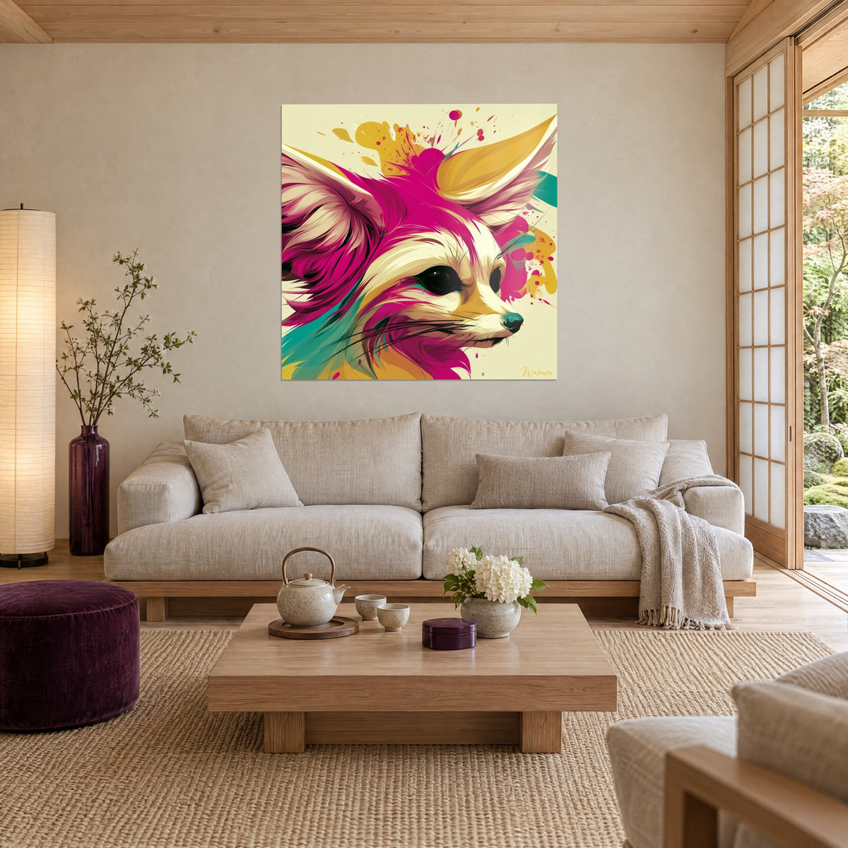 Cuadro de un zorro del desierto de grandes orejas en rosa fucsia y amarillo dorado, salpicaduras turquesa, colgado encima de un sofá en un salón luminoso