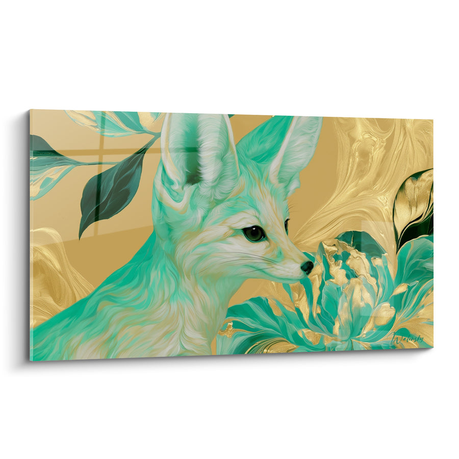 Tableau Fennec turquoise et doré près d'une fleur - Instant de grâce - Edition Fennec