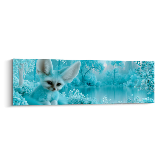 Fennec blanc allongé au bord d'un étang turquoise, oreilles dressées, décor floral givré