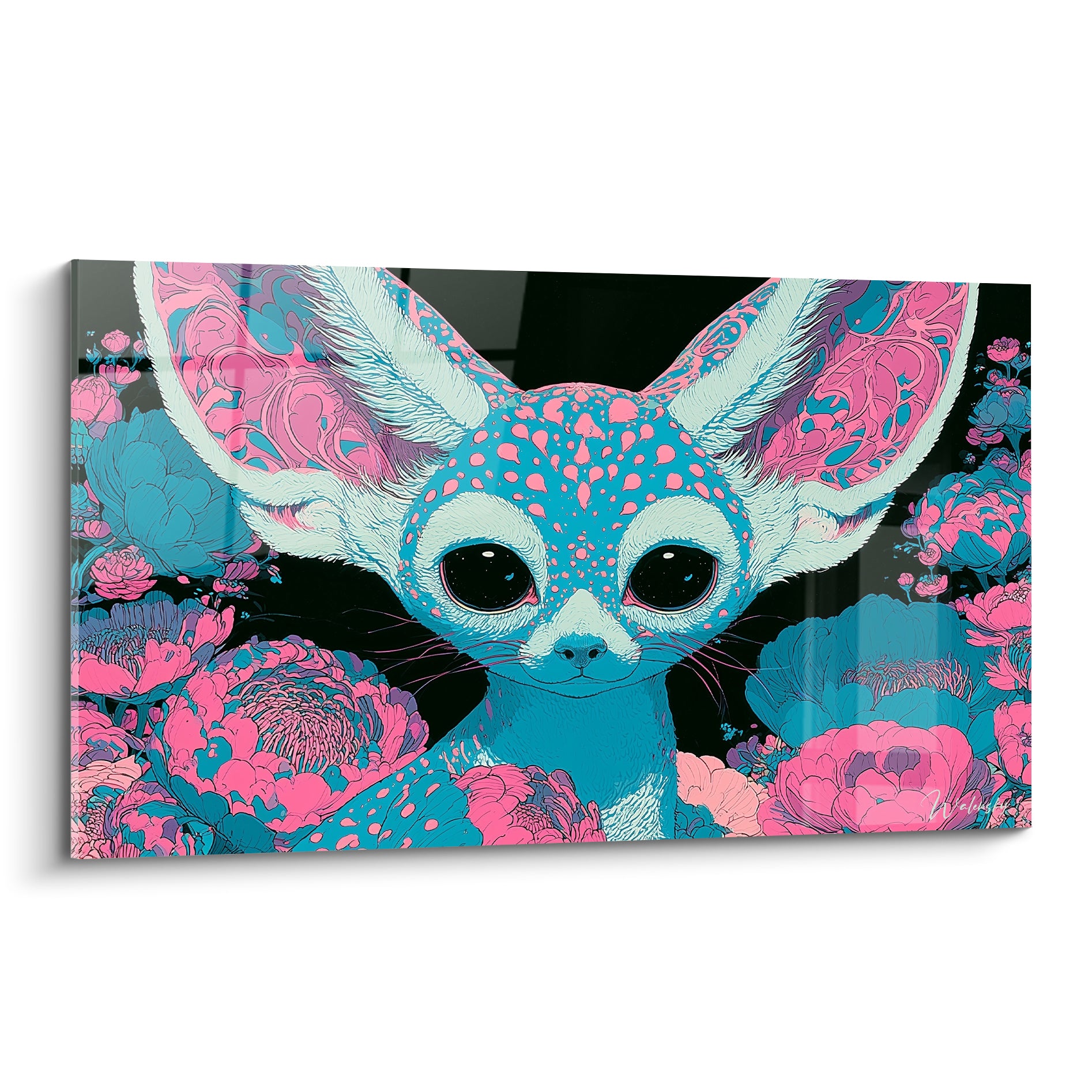 Fennec turquoise aux yeux noirs immenses, oreilles fleuries roses, entouré de pivoines sur fond anthracite