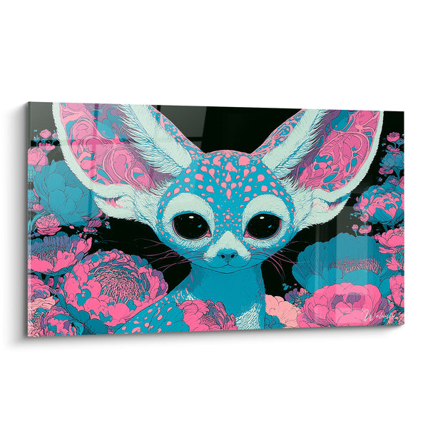 Tableau Fennec turquoise entouré de pivoines roses - Éveil floral nocturne - Edition Fennec