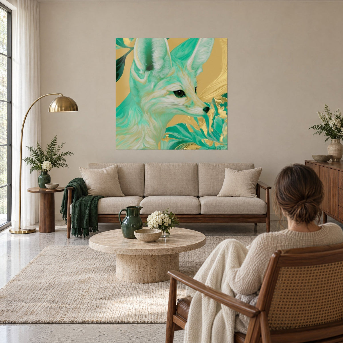 Gemälde Wüstenfuchs mit riesigen minzgrünen Ohren, mattgoldener Hintergrund, jadegrüne Blätter, über einem Sofa in einem hellen Wohnzimmer