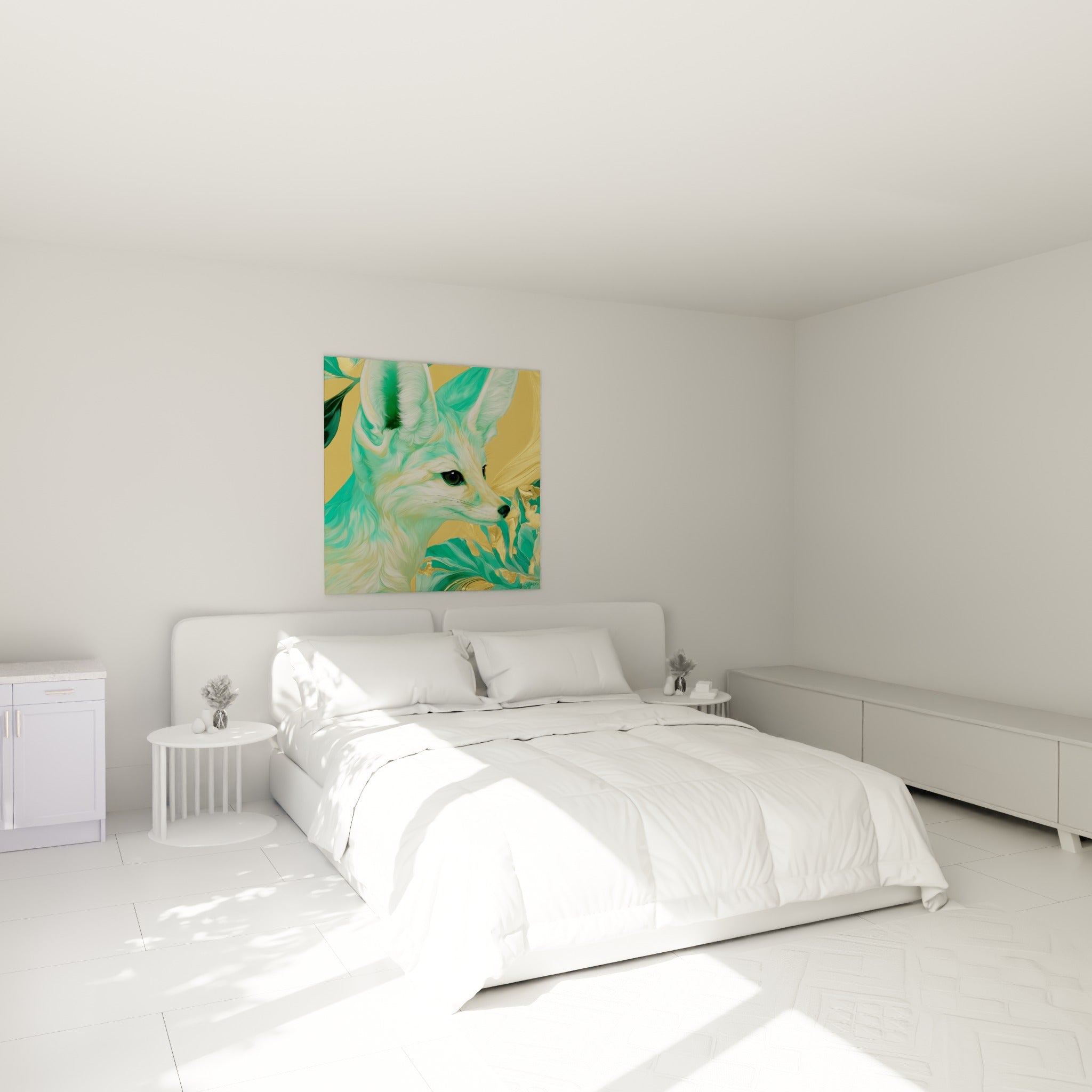Museau délicat du fennec turquoise et or, au-dessus d'un lit dans une chambre claire