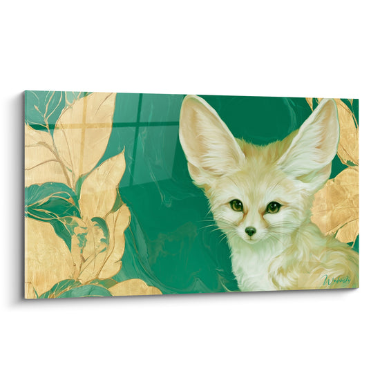 Fennec crème aux yeux verts, oreilles dressées, sur fond vert émeraude et feuilles dorées