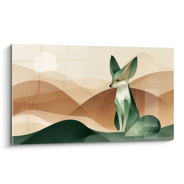 Tableau Fennec vert et beige dunes ondulantes au soleil pâle - Silhouette assise de profil - Edition Fennec