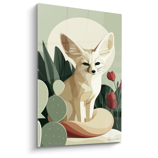 Tableau Fennec crème et vert parmi les cactus - Tulipes rouges et pleine lune - Edition Fennec