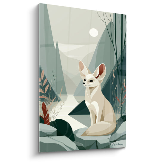 Tableau Fennec crème et vert sous une pleine lune - Silhouette montagneuse minimaliste - Edition Fennec