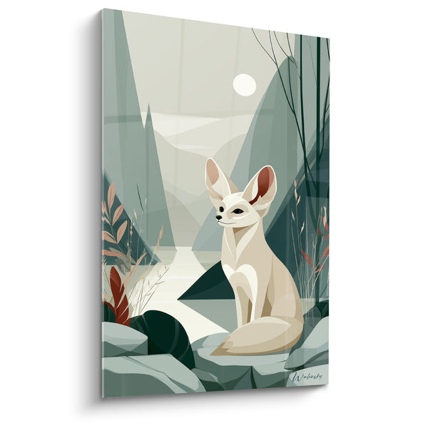 Cuadro Fennec crema y verde bajo una luna llena - Silueta montañosa minimalista - Edición Fennec