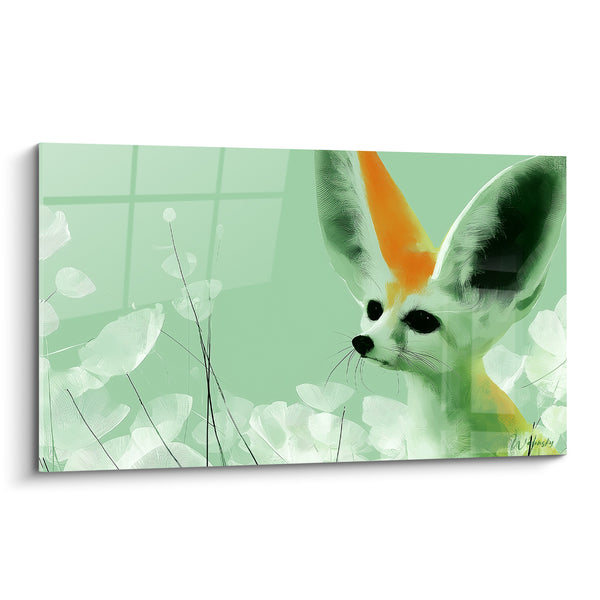 Tableau Fennec vert et orange parmi les fleurs - Apparition furtive - Edition Fennec