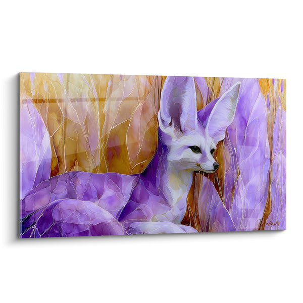 Tableau Fennec violet et doré parmi les hautes herbes - Silhouette en aquarelle - Edition Fennec