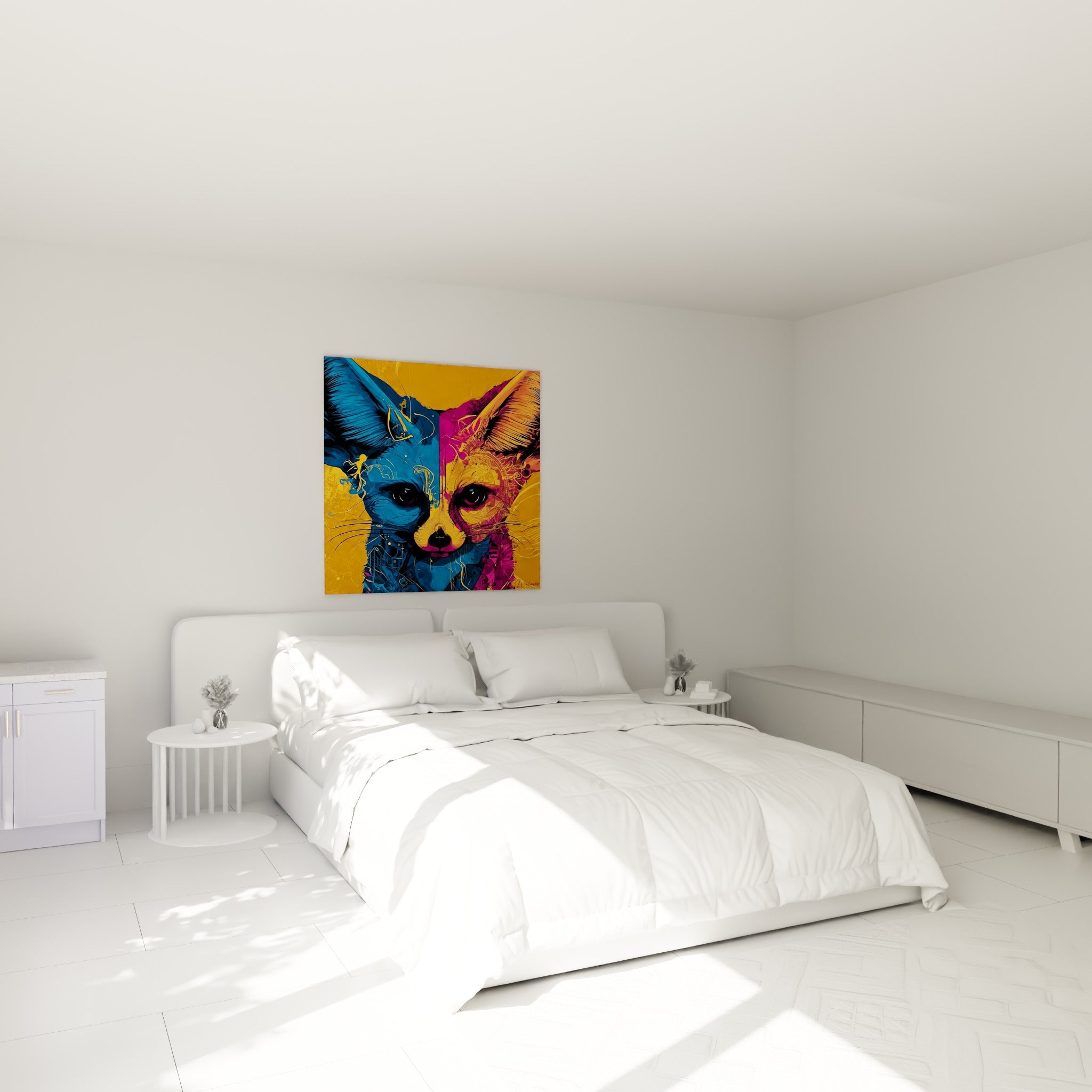 Fennec bicolore bleu et doré aux motifs graphiques, accroché au-dessus d'un lit dans une chambre claire