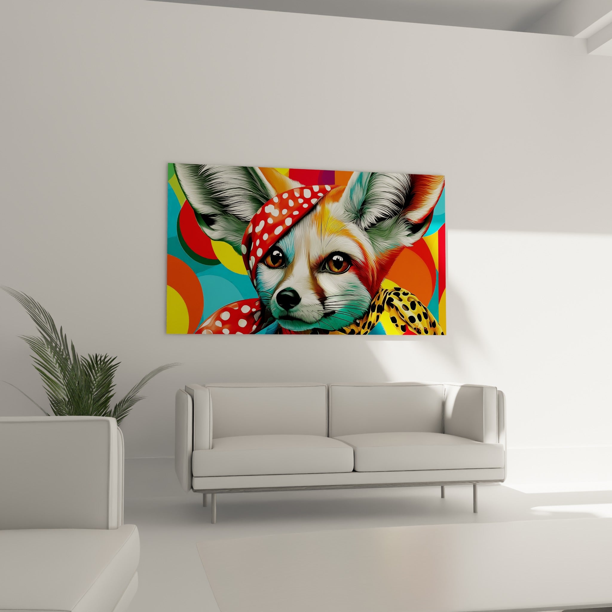Yeux perçants du fennec entouré de fourrure orange et blanche, positionné au-dessus d'un canapé dans un salon lumineux
